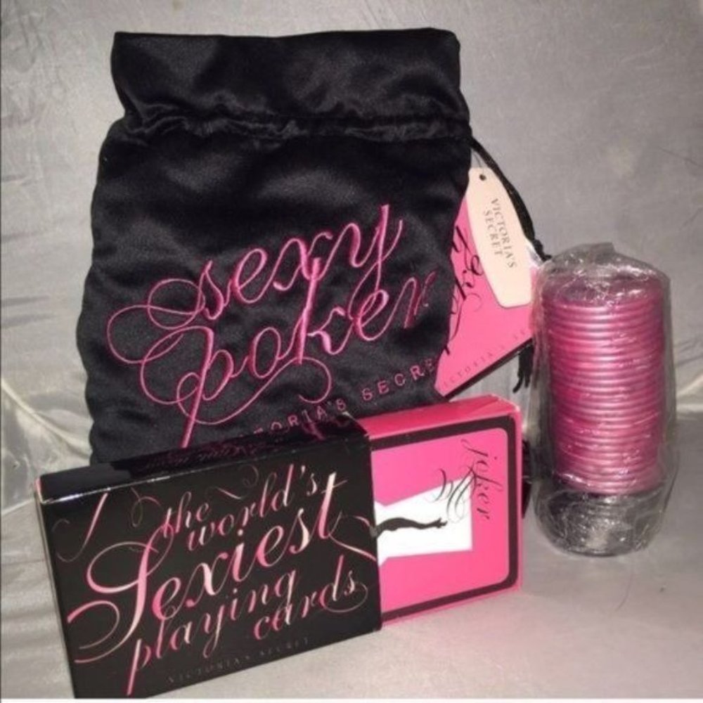Victoria's Secret Poker Set Satin Black Bag Cards Chips NWT
